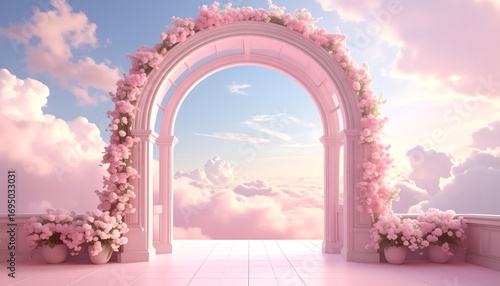 A whimsical, pastel-pink archway adorned with delicate blossoms leads to a serene sky filled with fluffy clouds, creating a dreamy and ethereal atmosphere.