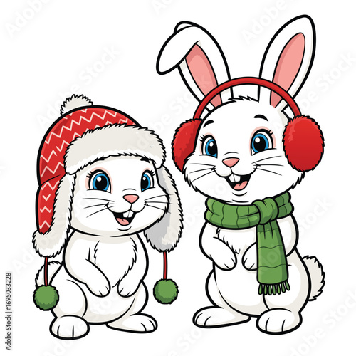 Two Cute White Bunnies Wearing Winter Hats And Scarves