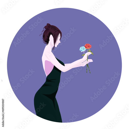 beautiful woman in a beautiful dress is arranging roses in a purple circle