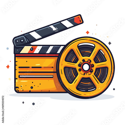 Cinematic film clapperboard and vintage film reel for movie production.