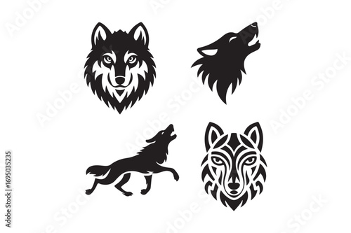 Four stylized wolf illustrations in black and white