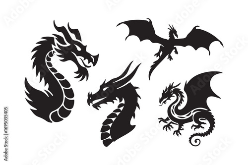 Collection of silhouetted dragon illustrations in various poses