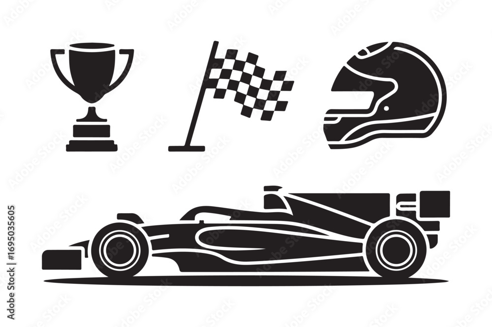 Fototapeta premium Racing icons formula 1 car trophy helmet and checkered flag