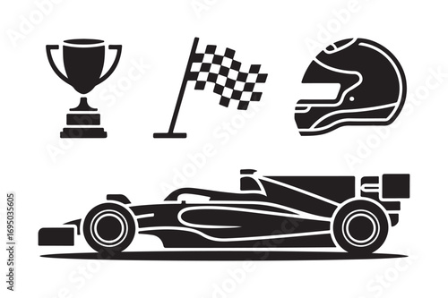 Racing icons formula 1 car trophy helmet and checkered flag