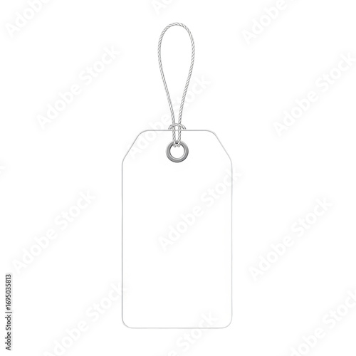 Blank White Hang Tag with Silver String Loop Merchandise Price Tag Retail Label Sale Signage on transparent background
