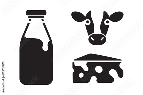 Simple black icons of milk bottle cheese and cow face