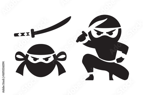 Stylized black and white ninja characters and sword