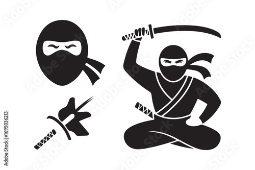 Silhouette of a ninja warrior in action with sword and masked head