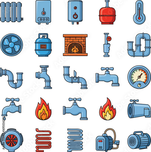 Plumbing and Heating Systems Vector Icons Set