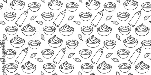 Seamless food pattern with hand drawn sauce bottle, creamy dip bowl, and herb leaf illustration. Perfect outline background design for menu, packaging, textile, and wallpaper. Fun doodle sketch style 