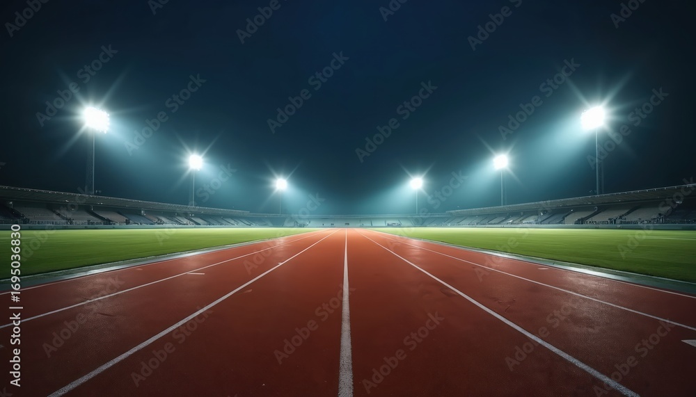 Naklejka premium Empty running track at night, illuminated by stadium lights. Red lanes and green field ready for competition. Focus on speed, fitness, and the pursuit of victory.