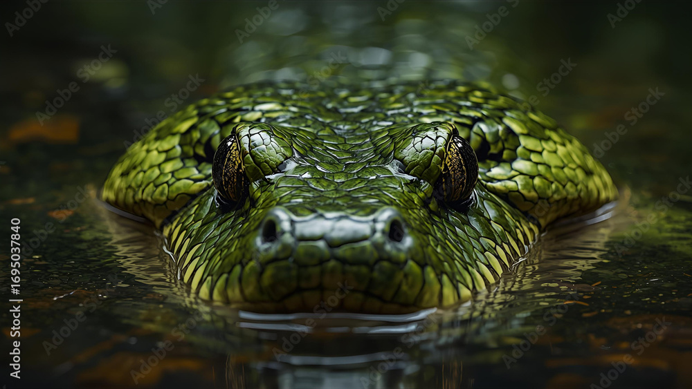 Fototapeta premium Close-up of Green Anaconda Head Emerging from Water