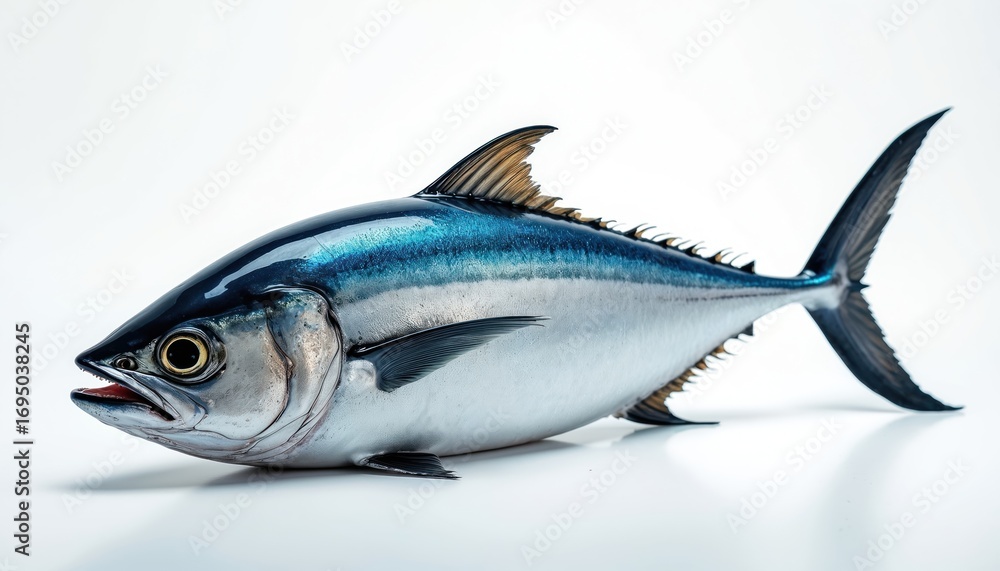 Fototapeta premium Whole raw fish, likely tuna similar species, presented on clean white background. Scales shimmer with blue, silver tones. Open mouth with sharp teeth visible, signifying predator. Image suitable for