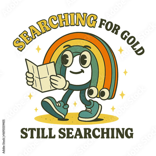 Retro rainbow character searching for gold with map isolated on transparent background