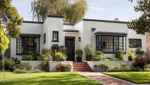White stucco home with black trim, modern landscaping