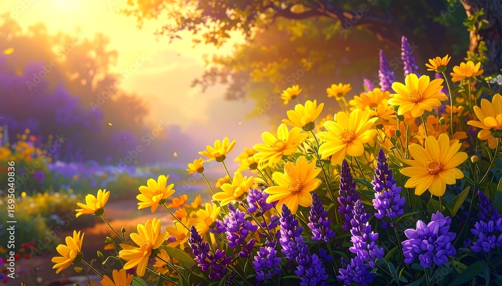 Obraz premium A vibrant display of yellow and purple flowers in a sun-drenched garden setting.