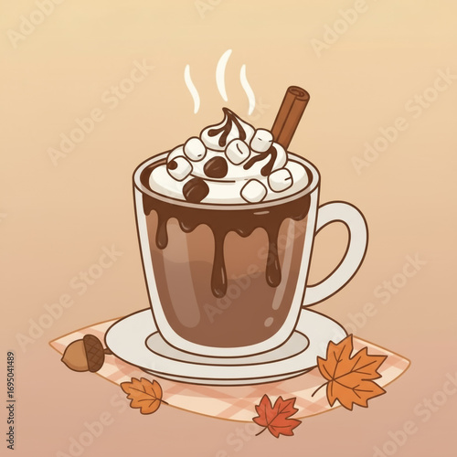 Hand drawn autumn drink illustration of a hot chocolate with whipped cream, marshmallows, chocolate syrup, and cinnamon stick. Cozy seasonal beverage doodle with fall leaves and acorn, perfect for hol