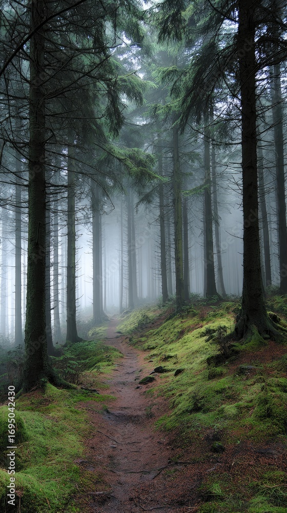 Obraz premium Path winds through a misty forest, tall trees, mossy ground, creating a serene landscape
