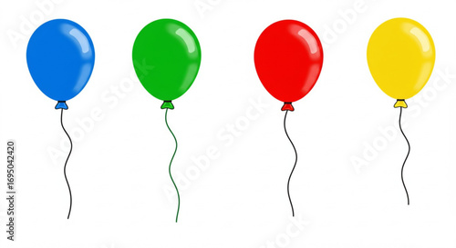 Four colorful balloons blue green red yellow isolated on white background
