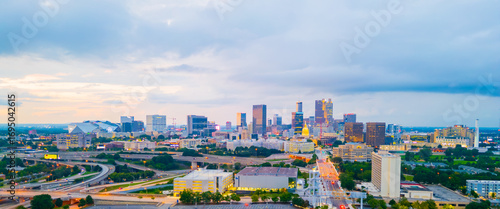 Atlanta, GA skyline at twilight, including the State Capitol Building