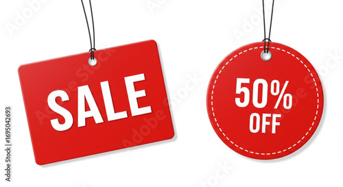 50% Off Discount Tag and Red Sale Label Isolated on White