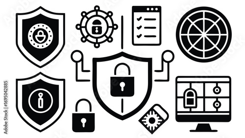 A vector illustration of a set of black medieval shields and a camera icon, symbolizing security and media technology