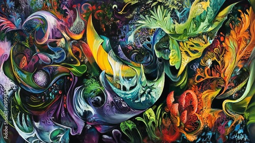 Abstract fluid painting with vibrant colors and swirling patterns, highly detailed, dynamic and artistic, striking and captivating, bold and colorful atmosphere