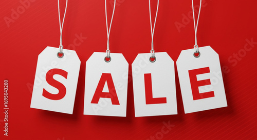 Four white sale tags with red letters spelling sale isolated on white background