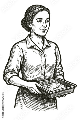 Woman holding baking tray with patterned surface in kitchen setting  