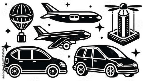 A vector illustration set of transportation icons including cars, trucks, buses, and taxis