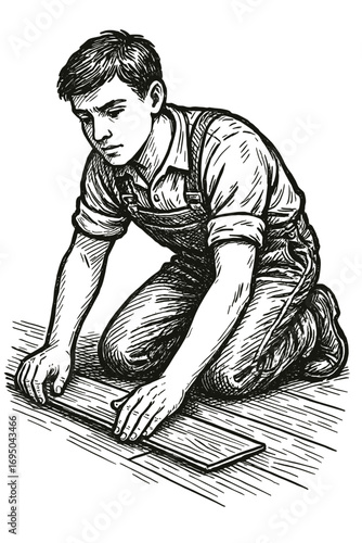 Young man laying laminate flooring while kneeling indoors  
