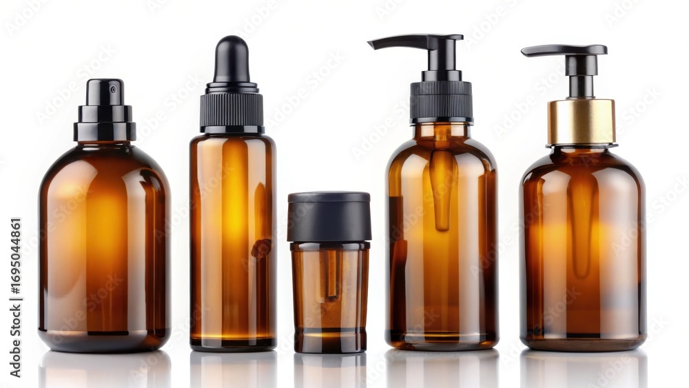 Amber glass bottles with dispensers for cosmetics and skincare products