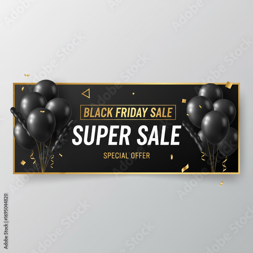 Black Friday Super Sale Banner with Balloons and Golden Frame
