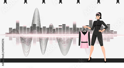 Fashionable woman holding stylish dress against modern sound wave backdrop for trendy apparel