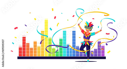 Festive carnival celebration with vibrant costume ribbons and colorful graphic equalizer