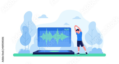 Fitness tracking app displaying workout data during stretching exercise session outdoor