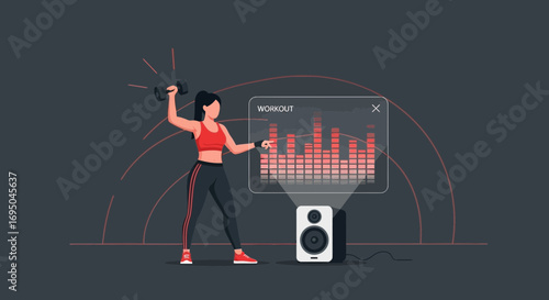 Fitness woman lifting dumbbells with workout app and speaker modern illustration
