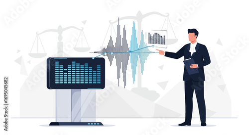 Forensic Audio Expert Analyzing Sound Wave Evidence in a Digital Courtroom Setting