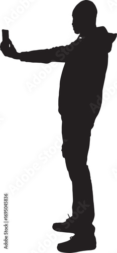 vector,silhouette of side rear view of a man taking a self-portrait with a smartphone