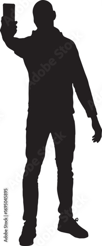 vector,silhouette of front view of a man taking a self-portrait with a smartphone