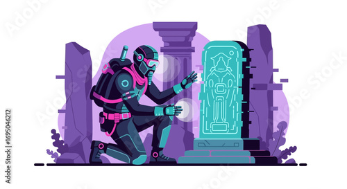 Futuristic adventurer interacting with an ancient technological artifact in ruins discovery