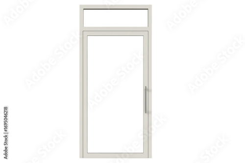 Modern white PVC entry door with transom window isolated on transparent background