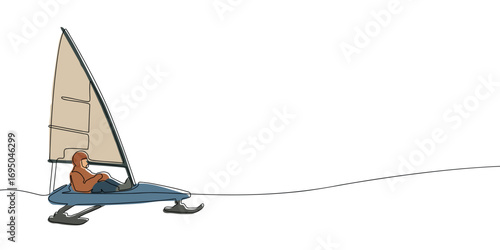 Ice boat with sailor in winter clothing sailing on frozen lake. Vector illustration of winter sport, competition, speed, and recreation. Concept for 2026 Winter Olympics and Milano Cortina 2026