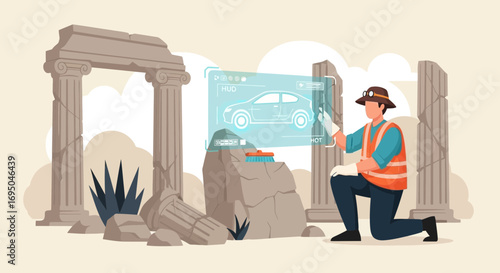 Futuristic archaeologist uses technology to analyze the car ruins of the past civilization