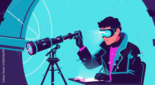 Futuristic astronomer exploring space with telescope and virtual reality headset