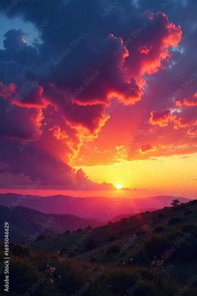 Obraz premium Dramatic cloudscape sunset over a serene landscape, vibrant colors painting the sky Perfect for travel, nature, and weather-related projects , colorful, calm, peaceful