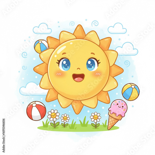 Adorable cartoon sun character with big eyes, smiling face, ice cream, beach balls and flowers. Fun summer vector illustration for kids projects, posters, stickers and design.