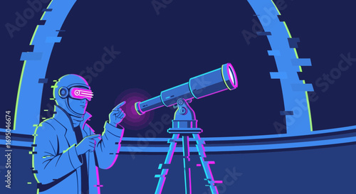 Futuristic astronomer with VR headset using telescope in a digital observatory exploring space