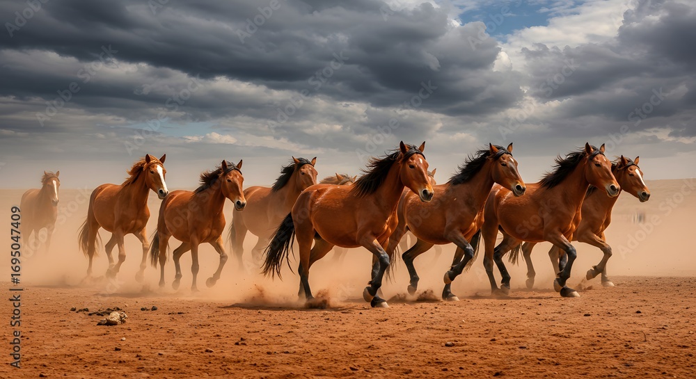 Fototapeta premium A herd of brown horses running across a dusty plain under a dramatic cloudy sky in a dynamic composition