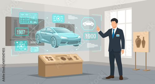 Futuristic automotive technology exhibition with interactive displays and holographic car